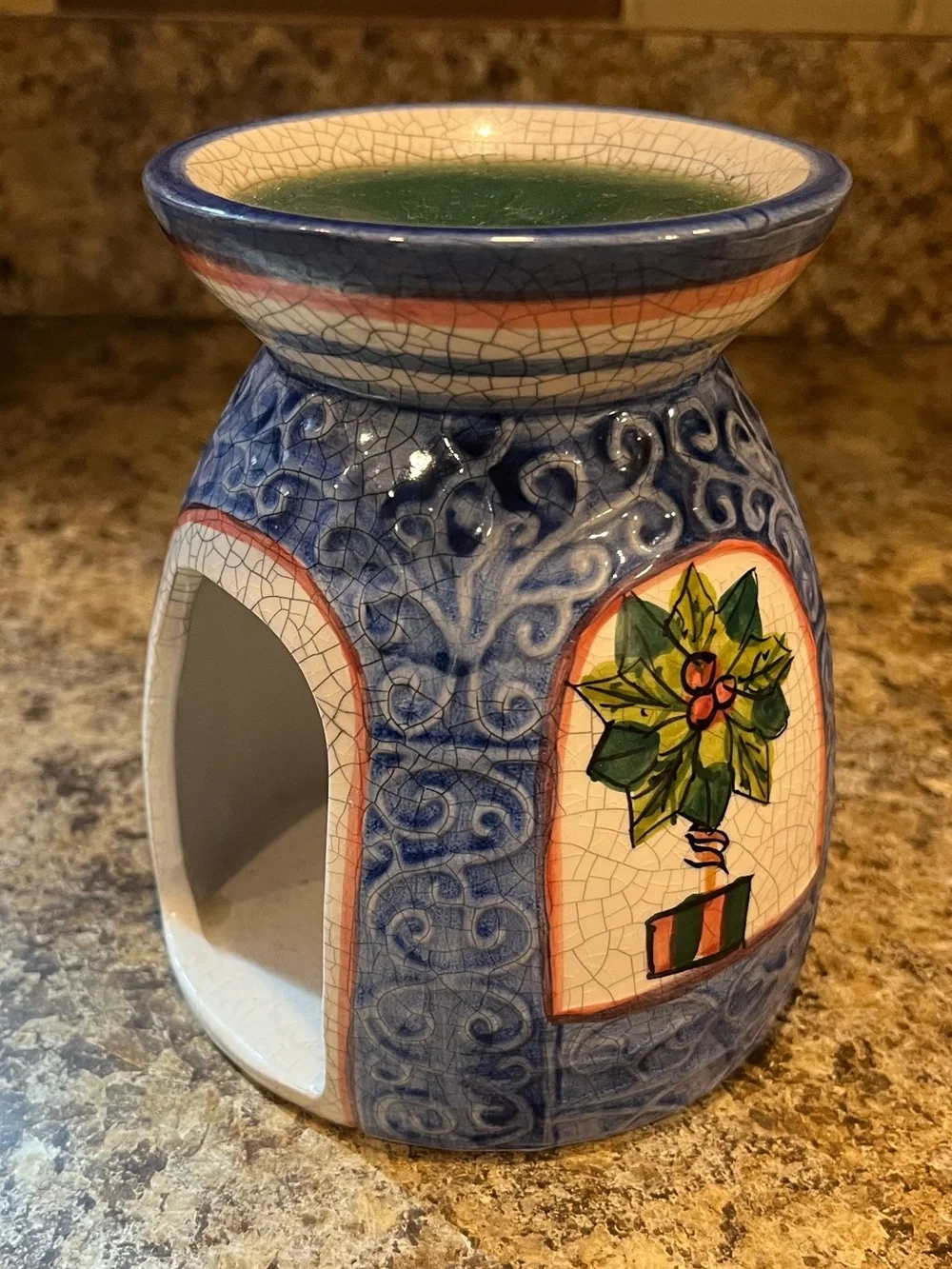 Blue Ceramic Tart Warmer with Holiday Greenery Motif